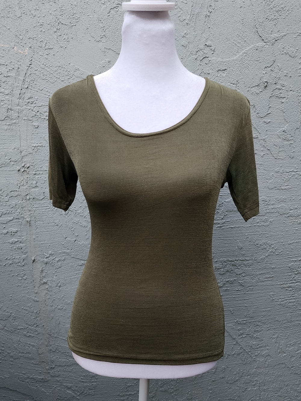 Olive Green Textured Short Sleeve Stretch Top Scoop Neck [S]